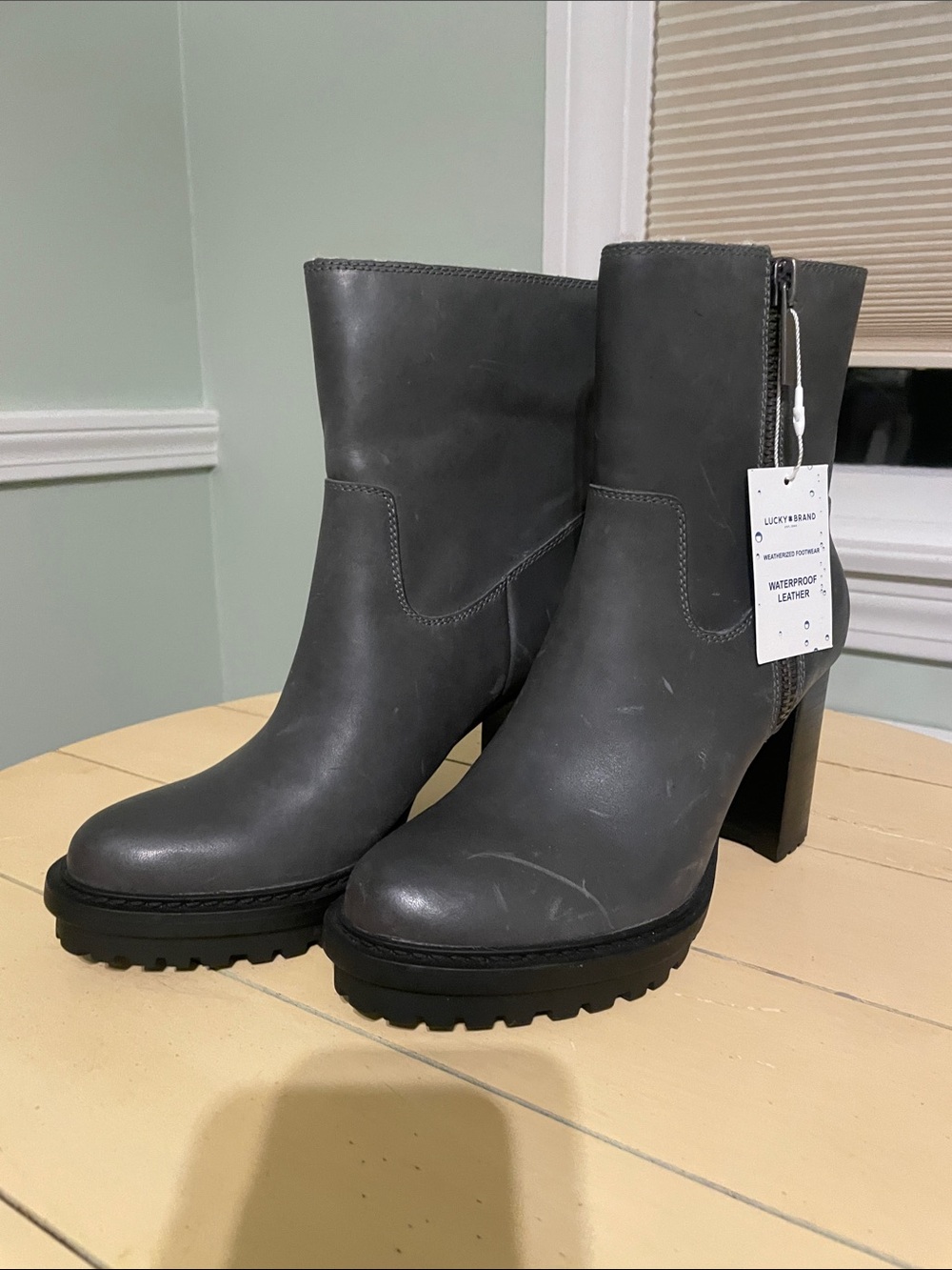 Lucky Brand Gray Waterproof Leather Block-Heel Ankle Boots